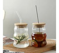 URMAGIC Ribbed Drinking Glasses with Bamboo Lid and Glass Straws,2 Pcs 500ml Ripple Glasses Cups,Ribbed Glassware,Origami Style Glass Cups,Iced Coffee Mug,Cute Tumbler Cup,Beer, Wine Glasses