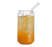 URMAGIC Vintage Drinking Glasses with Glass Straw,550ml Can Shaped Glass Cup,Ripple Beer Glasses,Iced Coffee Glasses,Origami Style Cocktail Glasses,Smoothie Cup,Beverages Glasses,Ribbed Glassware