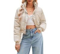 URMOSS Women's Cropped Puffer Jacket Long Sleeve Puffy Coat Winter Quilted Lightweight Jacket with Pockets, Apricot, L