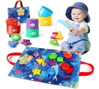 URMYWO Toys for 1 Year Old Boys Girls, Fabric Fishing Game Toys with Stacking Cups, Early Years Learning Colour Sorting, Number Counting, Shape Learning Gifts for Toddler (blue and red)