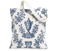 Urn Canvas Tote Bag for Women, Classic Elegant Floral Vase N/a Blue Washable Reusable Aesthetic Tote Bag for Shopping Brunc, Blue, 13x15 Inch