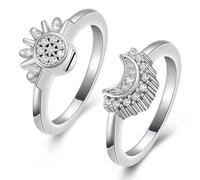 Urn Cremation Jewelry for Ashes - Celestial Sun and Moon Ring Set, Sparkling Sun/Blue Moon Rings, Silver Plated Friendship Promise Stackable Rings - Gift for Women/Girls