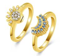 Urn Cremation Jewelry for Ashes - Celestial Sun and Moon Ring Set, Sparkling Sun/Blue Moon Rings, Silver Plated Friendship Promise Stackable Rings - Gift for Women/Girls
