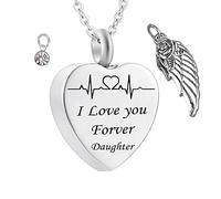 Urn Necklace Human Ashes,Heart with Angel Wing Birthstone and ECG Engraving I Love You Forever Daughter Urn Pendant Stainless Steel Necklace Urns for Ashes
