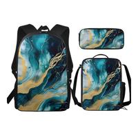 Urndoeng 3 Pcs Kids Backpack Set with Lunch Box & Pencil Case, Lightweight Waterproof Pressure Relief Backpack for Boy Girls, Kids Book Bag Back to School Season Gifts Marble Texture Green