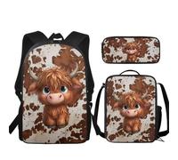Urndoeng 3 Pcs Kids Backpack Set with Lunch Box & Pencil Case, Lightweight Waterproof Pressure Relief Backpack for Boy Girls, Kids Book Bag Back to School Season Gifts Yak Pattern Brown