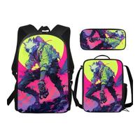 Urndoeng 3 Pcs Kids Backpack Set with Lunch Box & Pencil Case, Lightweight Waterproof Pressure Relief Backpack for Boy Girls, Kids Book Bag Back to School Season Gifts Neon Werewolf Pattern