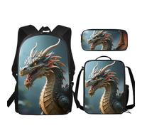 Urndoeng 3 Pcs Kids Backpack Set with Lunch Box & Pencil Case, Lightweight Waterproof Pressure Relief Backpack for Boy Girls, Kids Book Bag Back to School Season Gifts Dragon Pattern