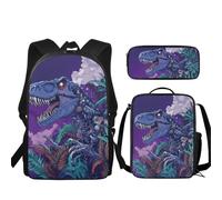 Urndoeng 3 Pcs Kids Backpack Set with Lunch Box & Pencil Case, Lightweight Waterproof Pressure Relief Backpack for Boy Girls, Kids Book Bag Back to School Season Gifts Mechanical Tyrannosaurus Rex