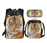 Urndoeng 3D Tiger Pattern 3 Pcs Kids Backpack Set with Lunch Box & Pencil Case, Lightweight Waterproof Pressure Relief Backpack for Boy Girls, Kids Book Bag Back to School Season Gifts