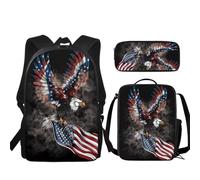 Urndoeng American Eagle Print 3 Pcs Kids Backpack Set with Lunch Box & Pencil Case, Lightweight Waterproof Pressure Relief Backpack for Boy Girls, Kids Book Bag Back to School Season Gifts