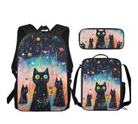 Urndoeng Backpacks Set for School Kids, School Book Bag with Insulated Lunch Box Pen Bag for Boys Girls Daily Use Travel Teenage Students Graffiti Planet Cat Pattern