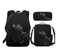 Urndoeng Black Cat Print 3 Pcs Kids Backpack Set with Lunch Box & Pencil Case, Lightweight Waterproof Pressure Relief Backpack for Boy Girls, Kids Book Bag Back to School Season Gifts