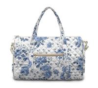 Urndoeng Blue Gym Bag for Women, Lightweight Quilted Duffle Bag Travel Bag,Flowers Pattern Weekender Overnight Bag Diaper Hospital Dance Bag for Travel, Gym