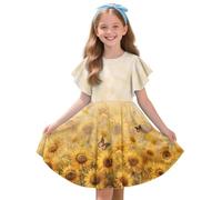 Urndoeng Butterfly Pattern Girl's 2025 Summer Dresses Ruffle Sleeve Cute Sunflowers Midi Casual Sundress Kids Dress 3-14 Years