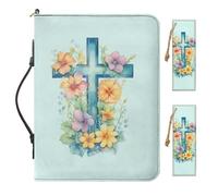 Urndoeng Cross Flowers Pattern Bible Covers for Women Girls Bible Carrying Bag with Removable Pen Slots for Bible Study Church Religious Bible Organizer Jeans Cyan