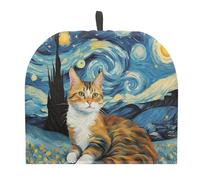 Urndoeng Cute Cat Starry Night Tea Cozy for Teapot Insulated Kettle Cover Oil Painting Extra Thick Tea Pot Cover for English Breakfast & Coffee Time, Hanging Loop Foldable Insulator (Blue)