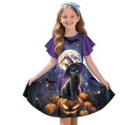 Urndoeng Girls Halloween Dress 2025 Swing Twirly Halloween Party Dresses for Party,Outside Girls Cat Dress Cute a Line Witch Cat Print 7-8T
