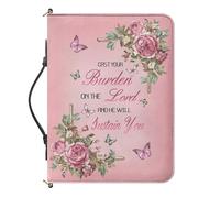 Urndoeng Large Bible Covers for Women Floral Bible Carrying Case for Church Leather Bible Holder with Pockets Christian Gifts M Size (Pink)