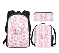 Urndoeng Sakura Axolotl Print 3 Pcs Kids Backpack Set with Lunch Box & Pencil Case, Lightweight Waterproof Pressure Relief Backpack for Boy Girls, Kids Book Bag Back to School Season Gifts