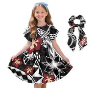 Urndoeng Samoan Girl's Dress Black Hibiscus Ethnic Print Bow Hairband Traditional Ethnic Samoan Tribe Hawaiian Island Tour Tonga Tropical Suitable for Holiday Travel 9-10Years