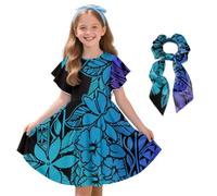 Urndoeng Samoan Girl's Dress Blue Ethnic Hibiscus Print Bow Hairband Traditional Ethnic Samoan Tribe Hawaiian Island Tour Tonga Tropical Suitable for Holiday Travel 5-6Years