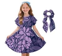 Urndoeng Samoan Girl's Dress Purple Ethnic Hibiscus Print Bow Hairband Traditional Ethnic Samoan Tribe Hawaiian Island Tour Tonga Tropical Suitable for Holiday Travel 7-8Years