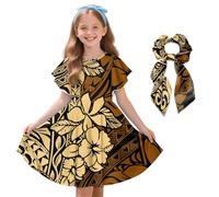 Urndoeng Samoan Girl's Dress Yellow Ethnic Hibiscus Print Bow Hairband Traditional Ethnic Samoan Tribe Hawaiian Island Tour Tonga Tropical Suitable for Holiday Travel 11-12Years