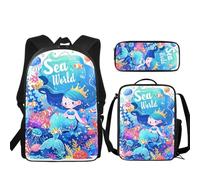 Urndoeng Sea World Mermaid Backpack Set for Kids 3 PCS,17 Inch Bookbag Insulated Lunch Bag Pencil Case for Boys Girls,Perfect for School, Work, and Outdoor Activities