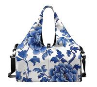 Urndoeng Yoga Mat Gym Bag with Shoe Compartment Zipper Yoga Mat Carrier for Pilates Gym Resort Picnic Lightweight Fitness Bags Built-in Pocket Blue and White Peony Print