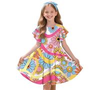 UrndoengJ Hippie Costume For Girls 2025 Girls 70s Outfit For Party,Performance,Trip 70s Costumes For Kids Skin-Friendly Daisy Print Pink 7-8t
