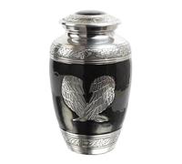 Urns With Love Black and Silver Adult Cremation Urn for Human Ashes - 3.2 Litre / 220 Cu / 10.5" In Aluminium Funeral Memorial - Secure Threaded Lid - Angel Wings Engraved Design