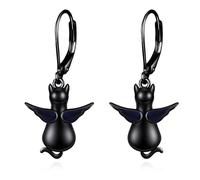 URONE Black Cat Earrings 925 Sterling Silver Black Cat Earrings Dangle with Angel Wings Black Cat Jewellery Gifts for Women