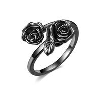 URONE Black Rose Rings 925 Sterling Silver Rose Flower Adjustable Open Ring Gothic Jewellery Gifts for Women