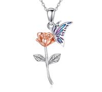 URONE Butterfly Rose Necklace S925 Sterling Silver Blue Butterfly Rose Flower Pendant Necklaces for Women Flower Jewellery Birthday Gifts