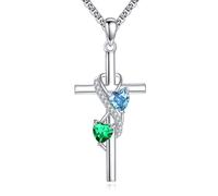 URONE Cross Birthstone Necklaces for Women Sterling Silver Heart Infinity Cross Pendant Necklace Anniversary Jewellery Gifts for Mom Mother(March May Birthstone)