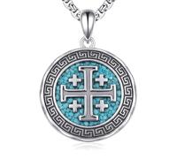 URONE Jerusalem Cross Necklace 925 Sterling Silver Turquoise Crusaders Cross Pendant Catholic Jerusalem Crosss Jewellery for Women Men