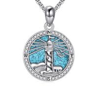 URONE Lighthouse Necklace 925 Sterling Silver Compass Pendant Necklace Turquoise Jewelry Gift for Women