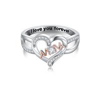 URONE Mom Rings Sterling Silver Mother Rings Heart Mum Statement Rings Mothers Day Birthday Jewellery for Women Nana Mama(Size Q)