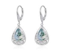 URONE Sterling Silver Teardrop Drop Earrings Moss Agate Stone Leverback Dangle Earrings for Women