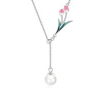 URONE Tulip Flower Necklace Sterling Silver Pearl Pink Tulips Pendant Lariat Y-Necklace Flower Long Chain Jewellery for Women Mother