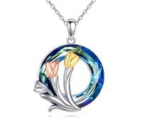 URONE Tulip Necklace 925 Sterling Silver Tulips Crystal Pendant Necklace Tulip Flower Jewellery Gifts for Women