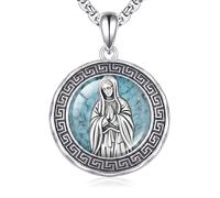 URONE Virgin Mary Necklace 925 Sterling Silver Miraculous Medal Turquoise Pendant Necklace Catholic Religious Jewellery for Women Family Friends