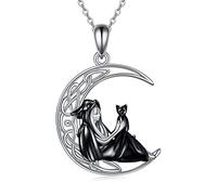 URONE Witch Necklace Sterling Silver Witch and Black Cat Celtic Moon Pendant Halloween Jewellery Gifts for Women Girls