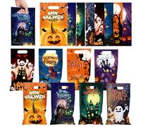 URROMA 100Pcs Halloween Treat Bags with Handles,Plastic Candy Bags Trick or Treat Gift Bag Bulk Halloween Goodie Bags Party Supplies Favors