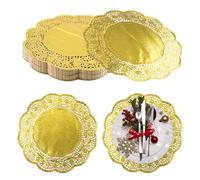 URROMA 100PCS Round Gold Paper Doilies, 11.8 Inches Lace Place Mats Rustic Doily Disposable Paper Table Pads for Cakes Party Wedding Christmas Tableware Decor