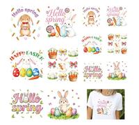 URROMA 12 PCS Easter Iron on Transfers,Happy Easter Heat Transfer Hello Spring Stickers Rabbit Eggs Iron on Patches for T-Shirts Clothes Bags DIY Decoration