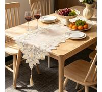 URROMA 1Pcs Beige Beaded Lace Tablecloth，40x90cm Rectangular Mesh Lace Table Topper Cover for Coffee Table Sideboard Dresser End Table Wedding Party Home Dining Decor