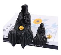 URROMA 2 PCS Grim Reaper Statue,Halloween Sitting Ghost Figurine Holding Tea Cup Black Robe Sculpture Gothic Book Shelf Decor for Table and Desktop