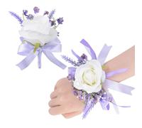 URROMA 2 Pcs Purple Ribbon White Rose Corsage Wrist Flower, Artificial Wrist Corsage Boutonniere Set for Bridal Wedding Party or Graduation Prom